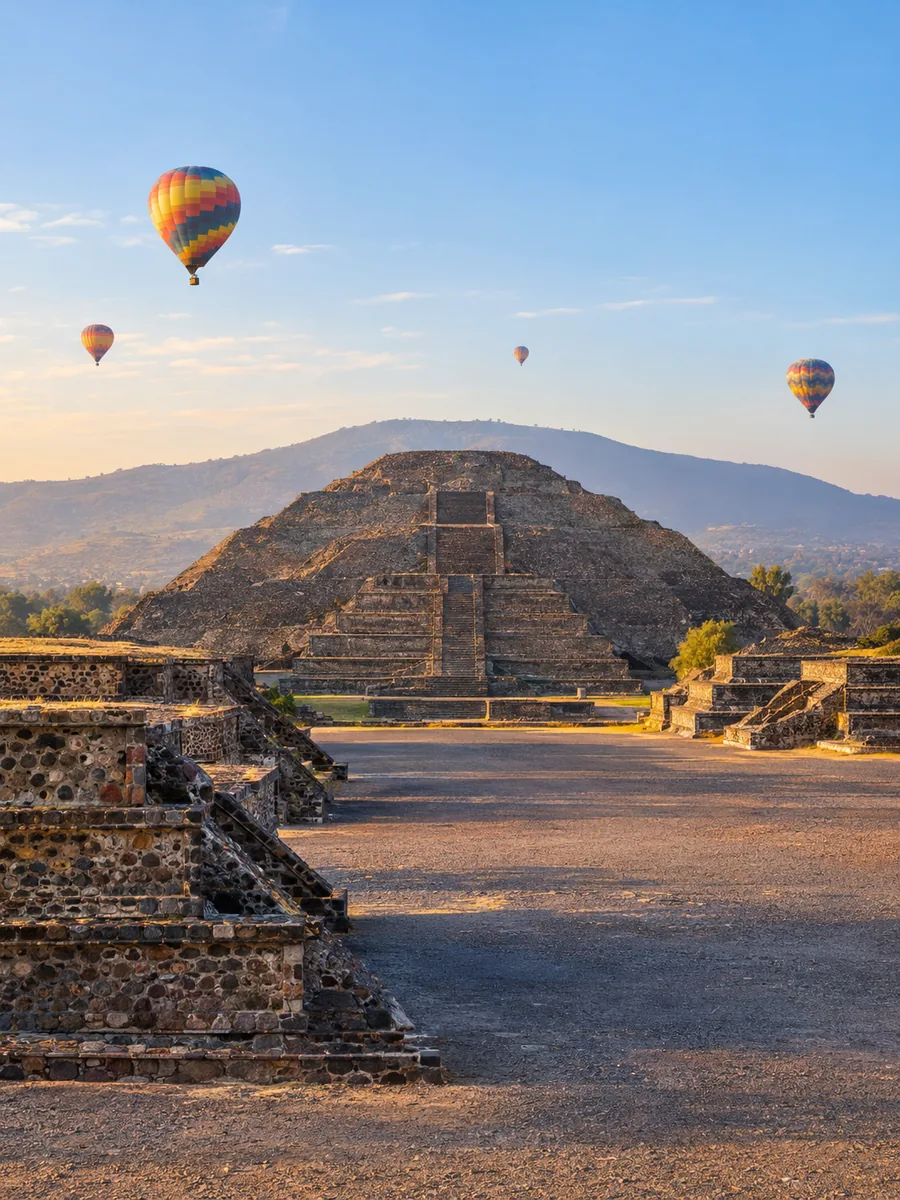 Die Stufenpyramide der Mondpyramide am Ende der Straße der Toten mit aufsteigenden Ballons dahinter